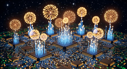 Celebratory Fireworks Over Circuit Board, Technology Festival, Digital Landscape, 3D Illustration, Night View, Innovation Concept