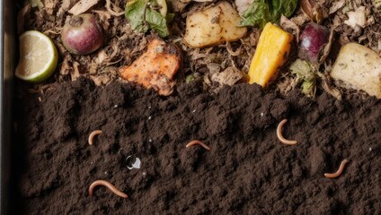 Composting worms eating food scraps in rich dark soil.