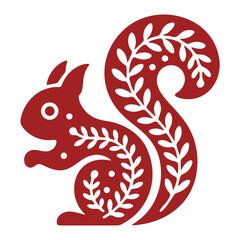 Illustration of a red squirrel with decorative leaves and circles on a white background design element