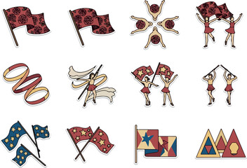 Fototapeta premium Festive Set of Celebration Icons Flags, Ribbons, and Cheerleaders
