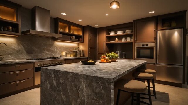 Modern kitchen interior with sleek island and marble countertop under warm lighting