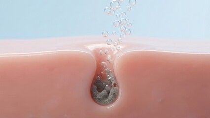 A soft rosy skin pore releasing tiny bubbles into blue light showing gentle cleaning and oil and dead skin cells removal