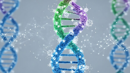 Colorful dna strands with connected dots on a light gray background in a scientific visualization