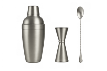 Stainless steel barware set including shaker, jigger, and spoon for cocktail preparation, isolated on transparent background