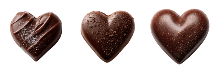 Set of Close-up of a smooth chocolate heart placed on a pristine transparent png background. Ai generated