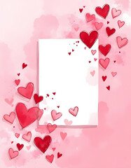 Watercolor hearts and blank paper on a pink background for Valentine's Day