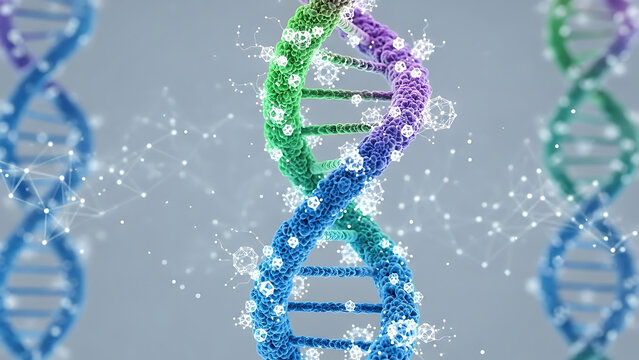 Colorful dna strands with connected dots on a light gray background in a scientific visualization