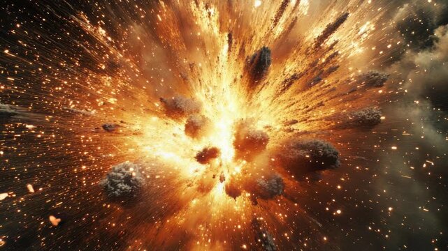 Video A dramatic scene of a rockfall occurring in the sky, with debris and smoke filling the air