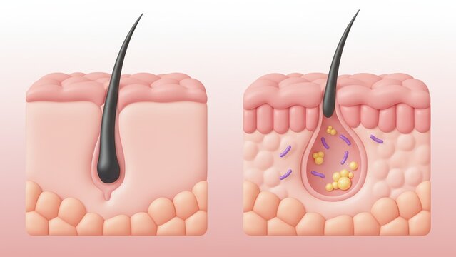 The two skin views showing clean pore and irritated pore with bacteria and oil flow showing contrast in oil and dead skin cells health