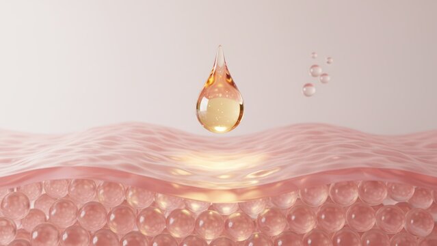 A golden droplet above a glowing pink skin with soft bubbles and smooth cell grid showing calm care and oil and dead skin cells support