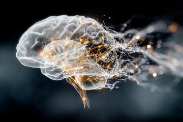 Abstract illustration of a human brain with glowing connections and dynamic energy flow