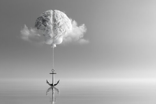 Surreal illustration of a brain-shaped cloud anchored above calm water surface