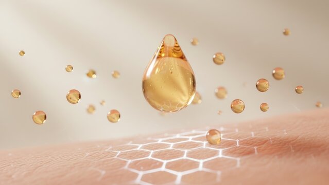 A warm golden droplet above a glowing skin grid with drifting amber spheres showing luxury care and oil and dead skin cells renewal