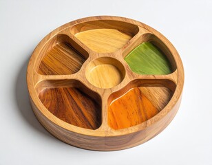 Overhead shot of a circular wooden serving tray with six compartments and a central section
