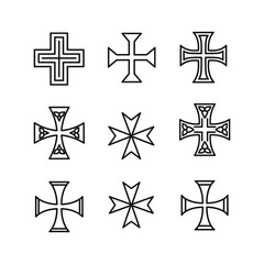 Set of Nine Stylized Cross Symbols and Christian Religious Icons