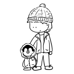 A boy and a penguin standing cartoon outline illustration 