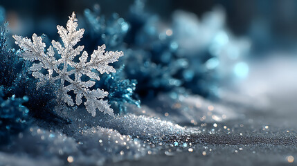 Close up of a sparkling snowflake on a snowy surface with a blurred blue background in winter time