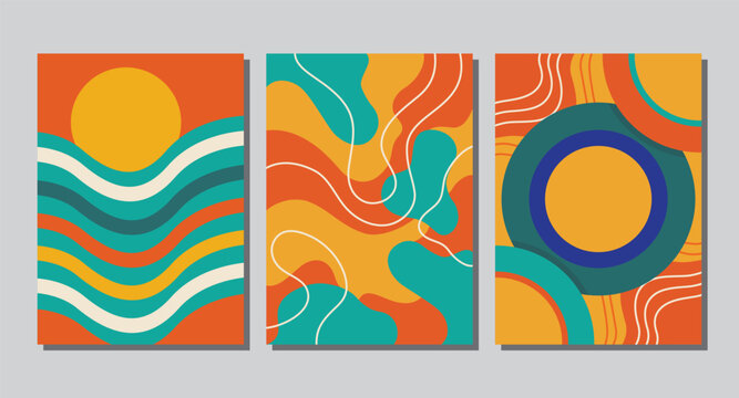 Retro vintage poster abstract geometric with summer style, graphic lines, modern shapes, colorful pattern, and vibrant compositions, minimalist typography with sunrise, circle and orange