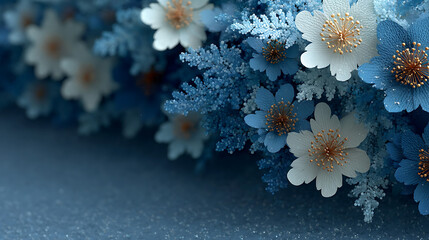 Close up shot of blue and white flowers with golden centers and frosted leaves on a blue background