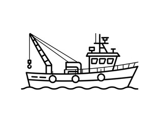 Obraz premium Outline fishing vessel with crane, simple vector illustration