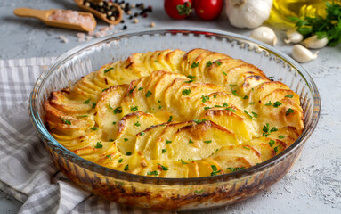 Potato gratin - graten (baked potatoes with cream and cheese) with rosemary and forks (Turkish name; Kremali patates)
