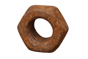 Rusty hexagon nut showing metal corrosion and weathering, construction hardware against transparent background