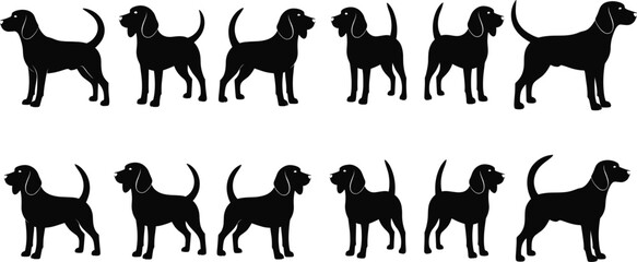 Fototapeta premium PrintBlack silhouette vector illustration set of standing dogs in various poses, perfect for pet, animal, logo, and design projects.