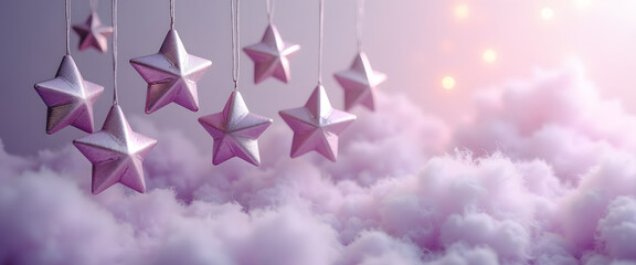 Dreamy scene with hanging stars above fluffy clouds in a soft, pastel color palette