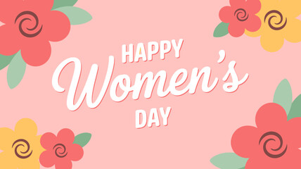 Happy women's day greeting with colorful flowers on pink background