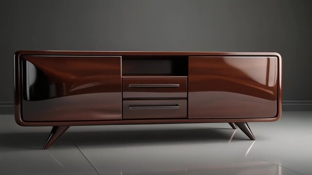A modern sideboard unit with glossy surface finish, flush drawers, and drifting reflections revealing subtle contours.