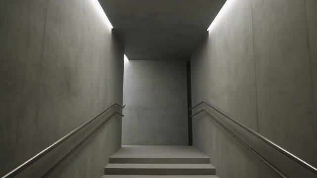 A modern stair corridor with soft concrete wall finish, thin metal handrail, and indirect lighting shaping spatial depth.