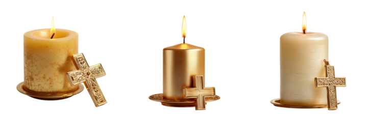Set of Elegant gold pillar candle glowing warmly beside natural holly sprigs transparent png background. Ai generated
