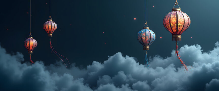 Chinese lanterns floating above the clouds at night with a dark blue sky - Powered by Adobe
