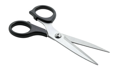 Close-up of a pair of open, shiny scissors with black handles on a stark black background