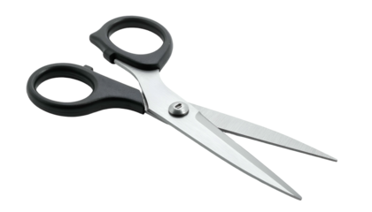 Close-up of a pair of open, shiny scissors with black handles on a stark black background