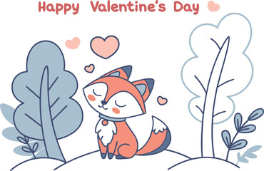 Cute fox surrounded by trees and hearts celebrating valentine's day
