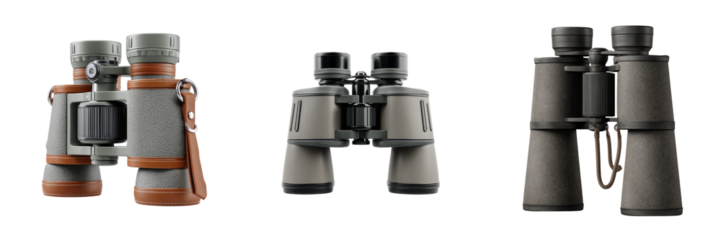 Set of Ergonomic binoculars standing upright with visible texture and focus knobs transparent png background. Ai generated