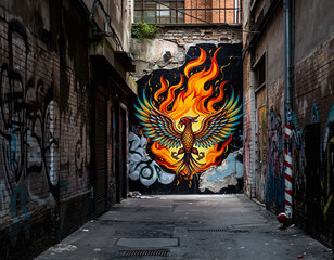 Urban alleyway with phoenix mural, a vibrant symbol of rebirth amidst grit. Evokes transformation, resilience, and street art culture. Perfect for edgy designs.