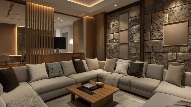 A refined open living space with modular seating, layered neutral textiles, acoustic wall panels, and warm ambient light drifting across stone and wood surfaces.