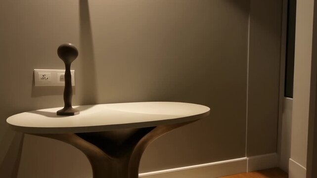 A residential hallway vignette with sculpted side table, neutral wall finish, indirect lighting, and subtle silhouette shaping.