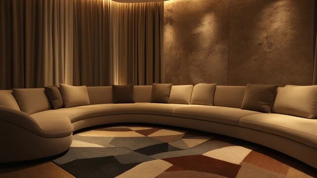 A relaxed private lounge with curved sofa geometry, layered area rug, textured wall surface, and warm indirect lighting across fabrics.