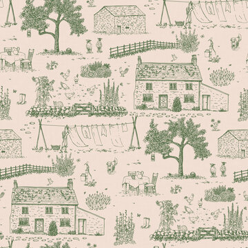Vintage Farmhouse Toile Countryside Story Pattern