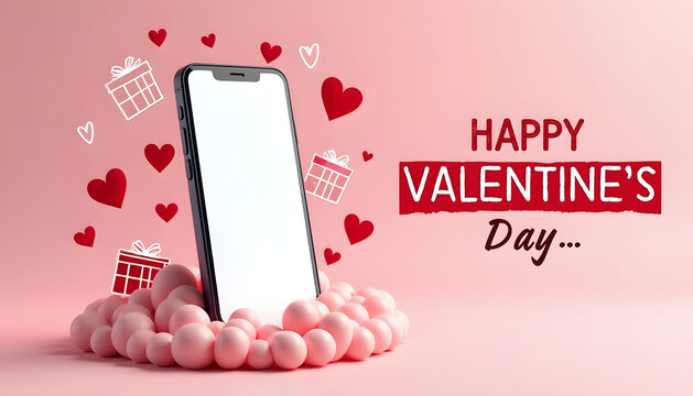 Valentine's Day greeting with smartphone, hearts, and gift boxes on pink background - Powered by Adobe