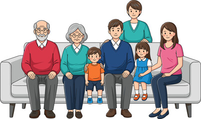 Vector illustration of a happy multi-generation family sitting together on a sofa, including grandparents, parents, and children.
