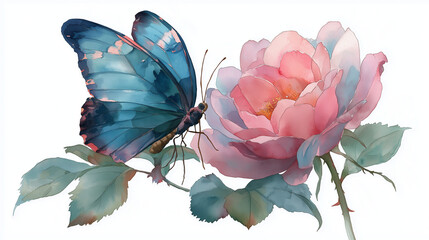 A butterfly lands on a rose leaf.