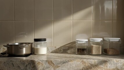 A marble countertop with kitchen essentials and storage containers in a serene indoor setting