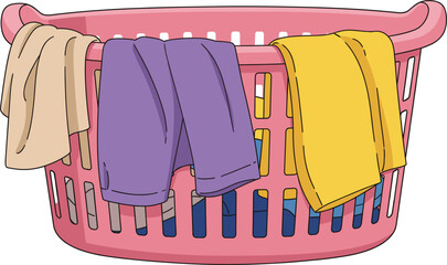 Vector illustration of a pink laundry basket filled with clothes and garments draped over the sides, perfect for home and chore themes.