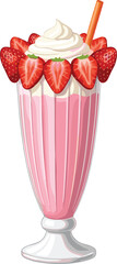 Vector illustration of a pink strawberry milkshake topped with whipped cream and fresh strawberries in a tall glass dessert cup.