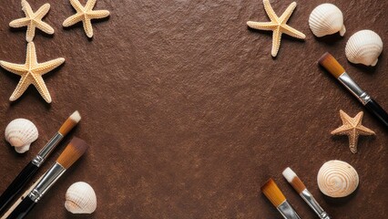 brown background with seashell starfish and artistic paint brushes arranged creatively giving warm natural craft atmosphere with textured surface concept of art design craft branding