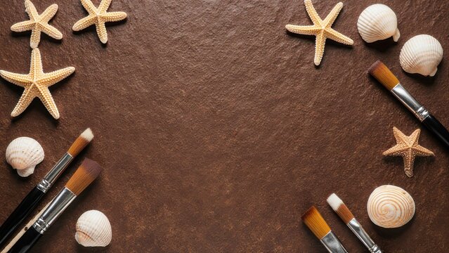 brown background with seashell starfish and artistic paint brushes arranged creatively giving warm natural craft atmosphere with textured surface concept of art design craft branding